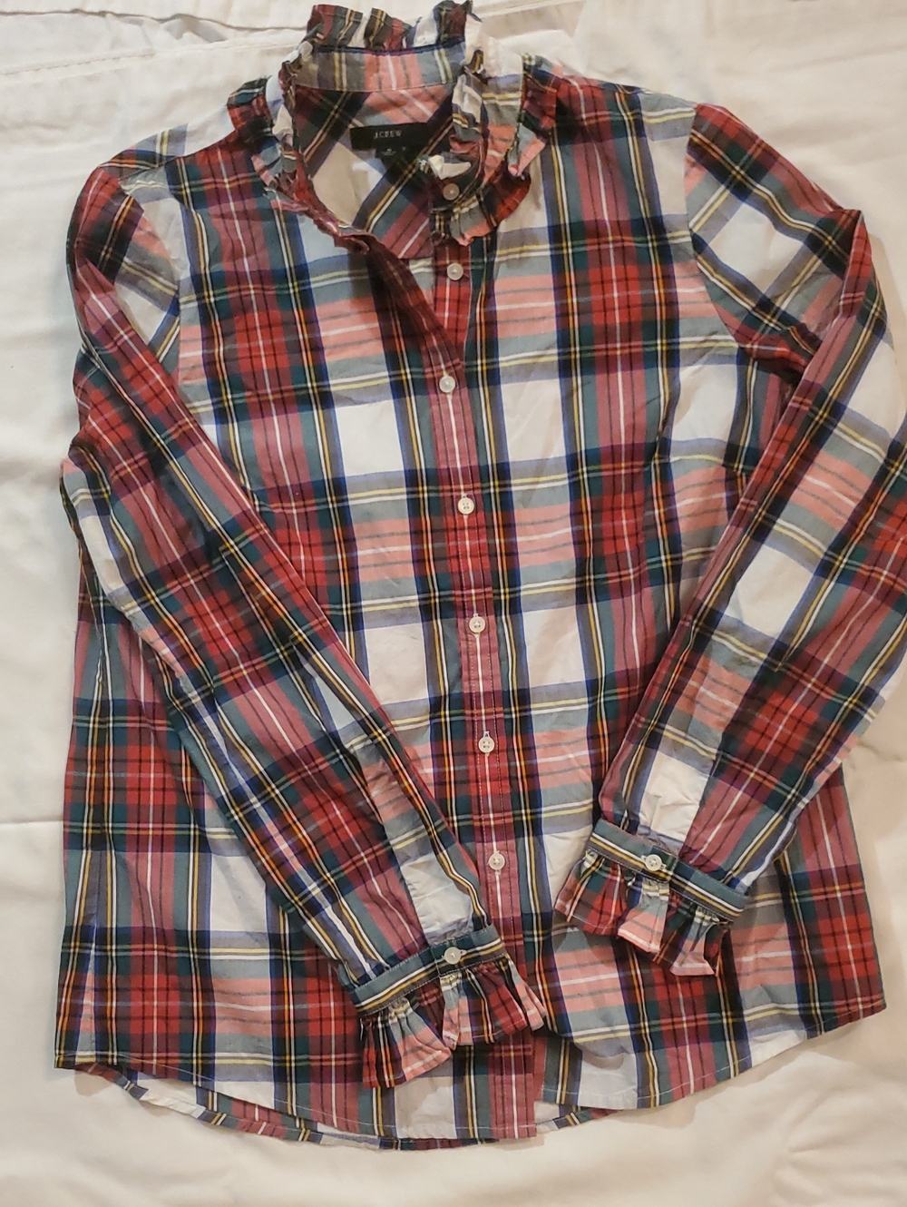 J. Crew Red Plaid Ruffle Collar Button-Down Shirt Women's Small